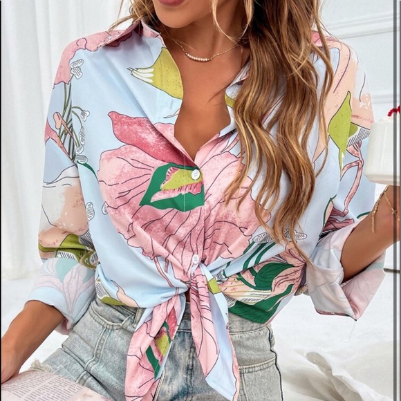 Boho Floral Print Button Down Shirt Top Blouse - Picture 1 of 14